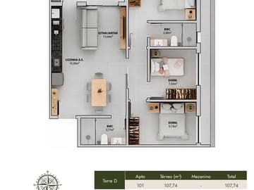 Planta 3 dormitórios (1 suíte) — Lançamento, Bellomonte, Ingleses