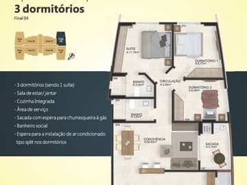 Planta 3 dormitórios — Edifício Parque das Nações, Criciúma / SC