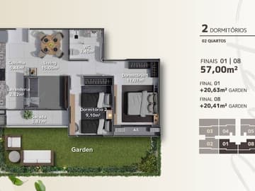 Planta Garden 2 dormitórios — Lançamento, Golden Sunset, Barra Velha SC