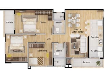 Planta 3 quartos / 1 suíte — Lançamento, Edifíciotreviso, em Lages/ SC