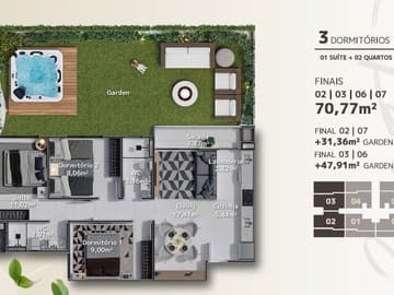 Planta Garden 3 dormitórios — Lançamento, Golden Sunset, Barra Velha SC