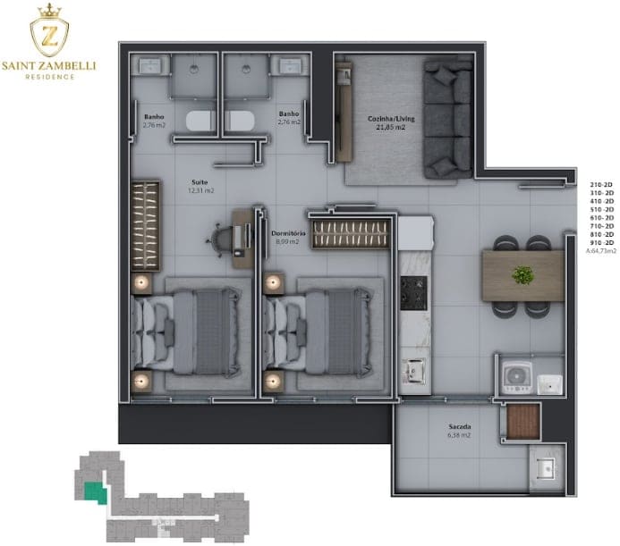 Planta 1 — Lançamento, Saint Zambelli Residence, Florianópolis / SC