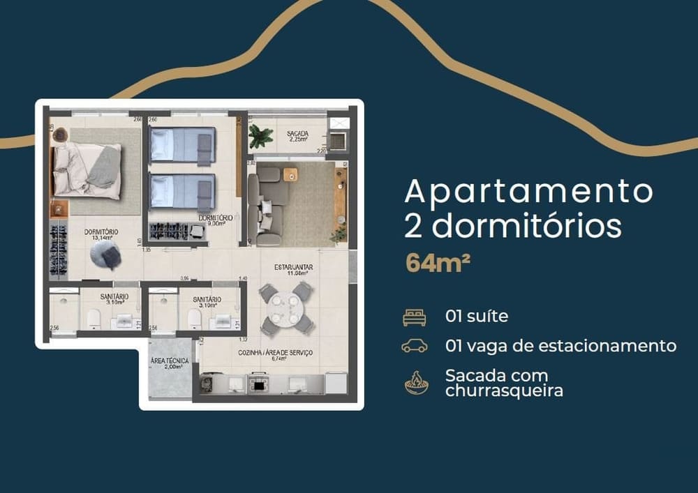 Planta tipo 1 Quarto + 1 Suíte — Lançamento, Villa Jordão Homeclub. Governador Celso Ramos/SC