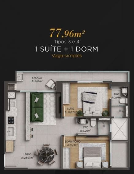 Planta tipo 3 e 4 — Lançamento, Edifício Brava Park Residence, Itajaí/SC