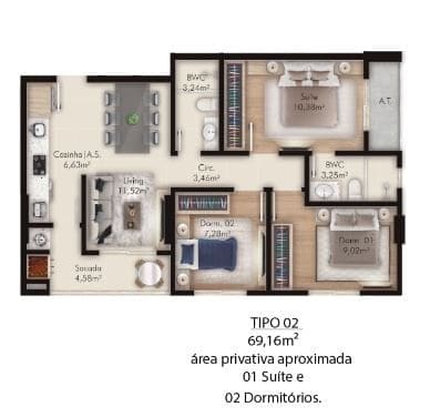 Planta tipo 02 torre 03 — Lançamento em Itapema/SC. San Felice Home Club.