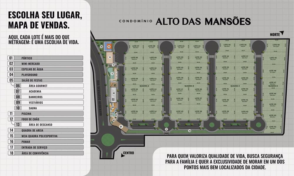 Planta mapa de vendas — Lançamento, Condomínio Alto das Mansões, Braço do Norte/SC